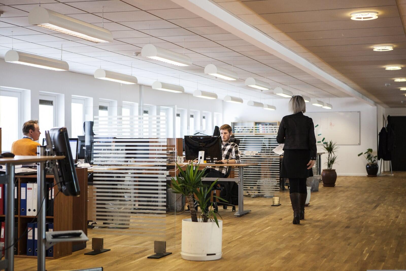 established business office space employees walking and sitting