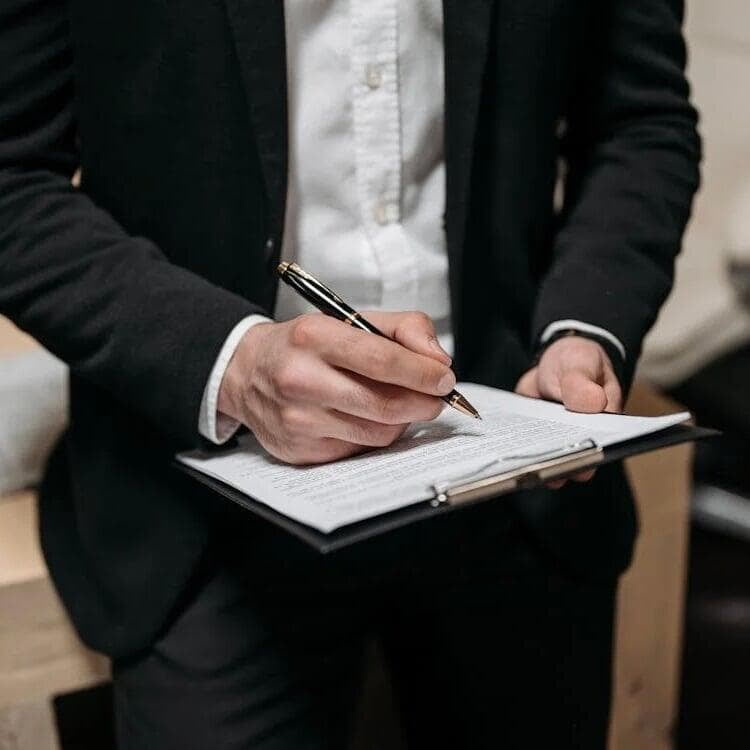 professional business man in a suit holding a clipboard